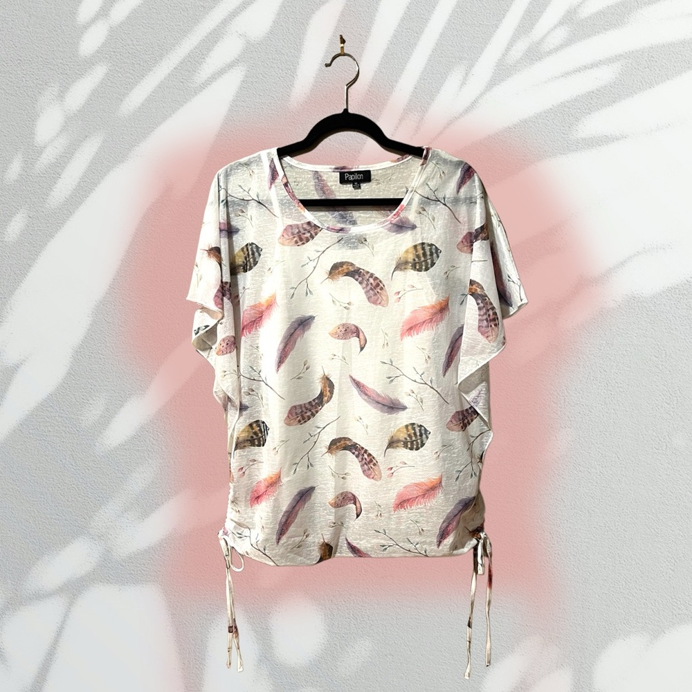 Papillon White Feather Print Open Sided Top Set w/White Cami Tank